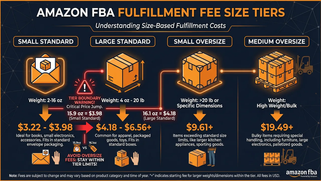 Amazon FBA fulfillment fee size tiers and boundaries