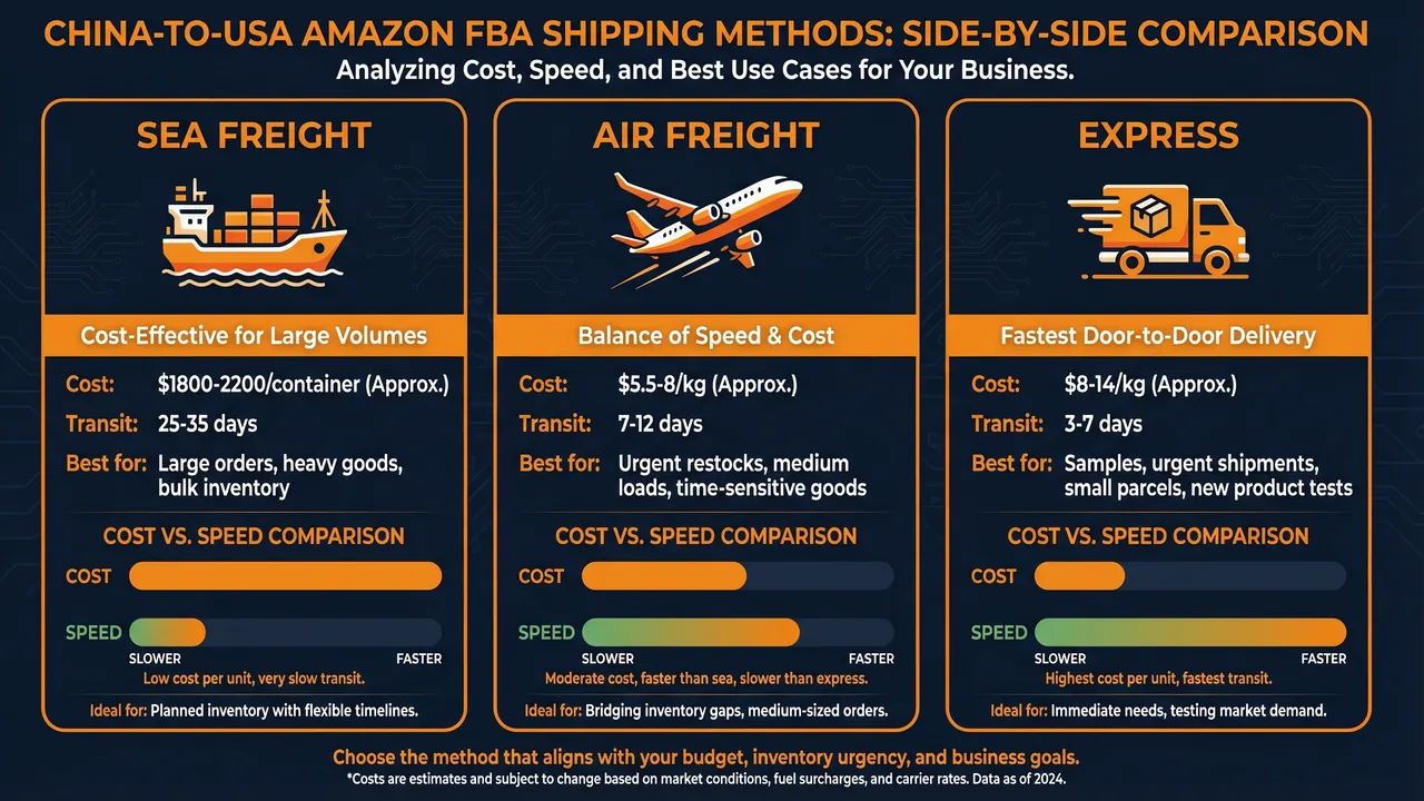 China to USA Amazon FBA shipping comparison showing sea freight, air freight, and express costs and transit times