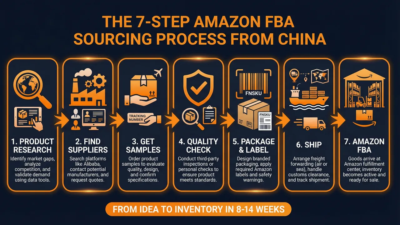 7-step FBA sourcing process from China: research, find suppliers, sample, quality check, package, ship, and Amazon FBA delivery