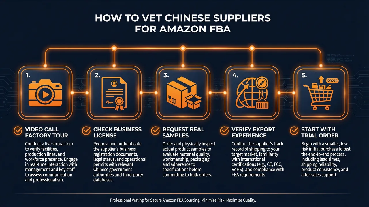Five key steps to vet Chinese suppliers for Amazon FBA: video call, license check, samples, export experience, trial order