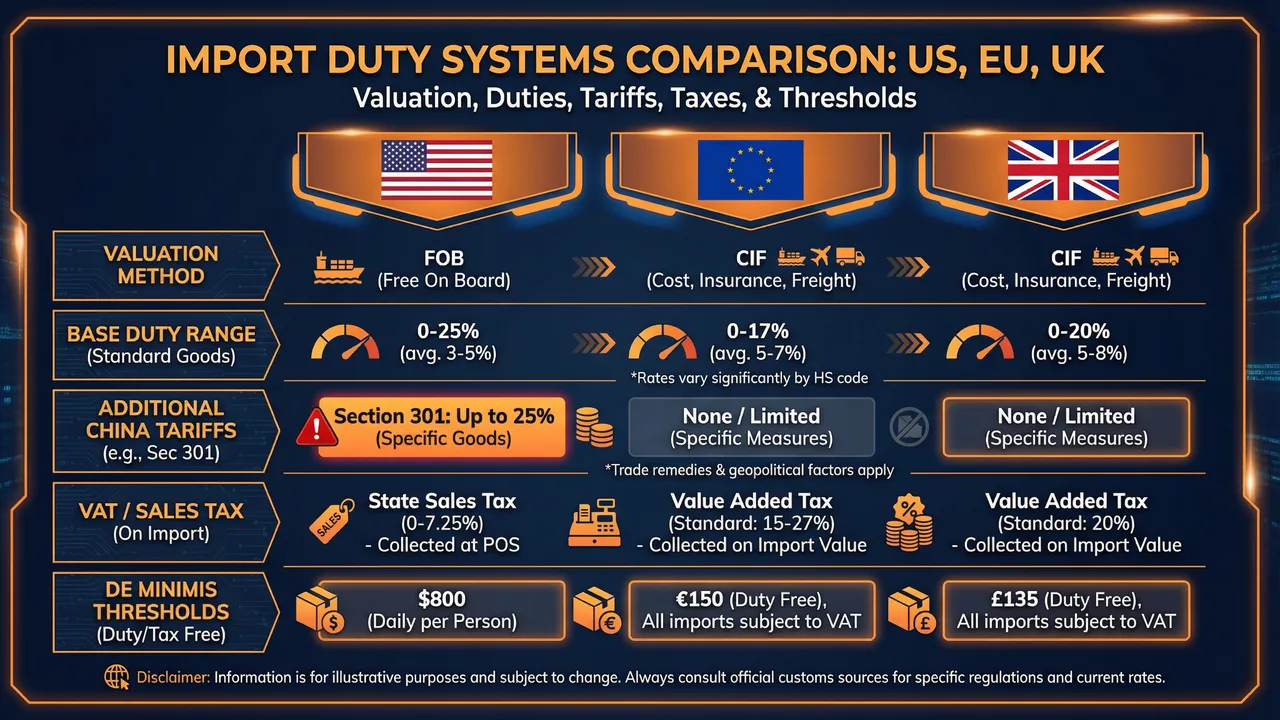 Import duty rates comparison across US, EU, and UK