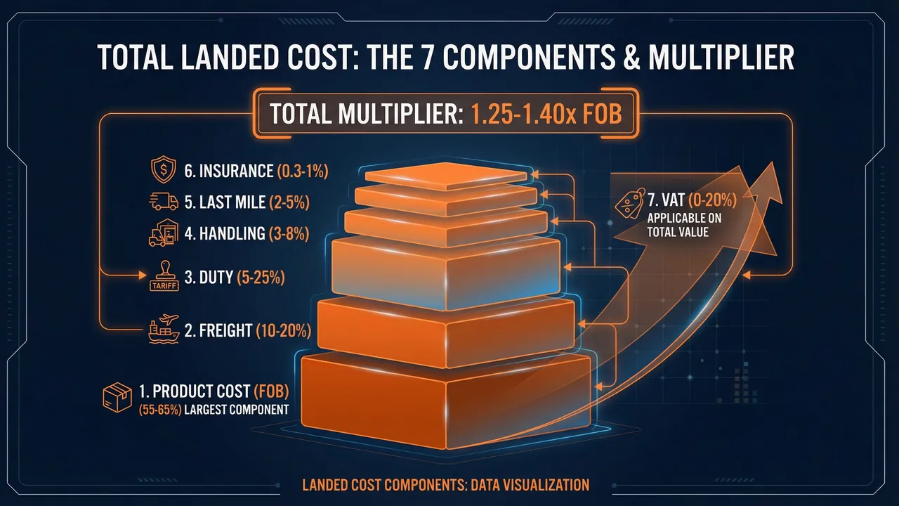 Landed cost breakdown showing 7 cost components from factory to warehouse