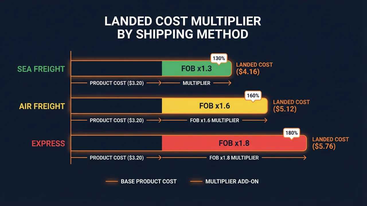 Landed cost multiplier by shipping method: sea 1.3x, air 1.6x, express 1.8x