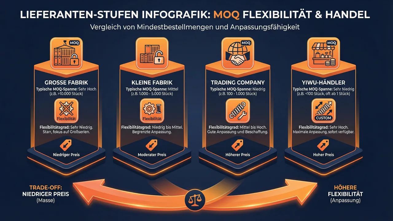 Lieferantentypen und typische MOQ-Spannen von Fabrik bis Yiwu-Haendler