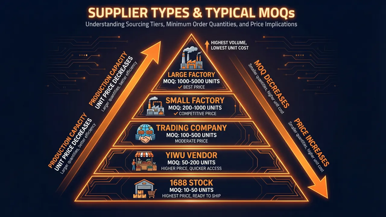 Supplier types and their typical MOQ ranges from factory to Yiwu vendor