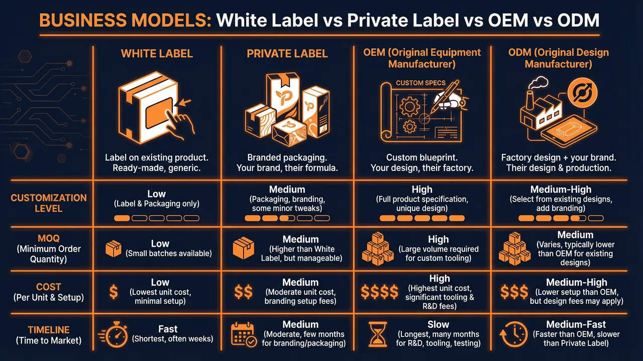 OEM vs ODM vs White Label vs Private Label comparison