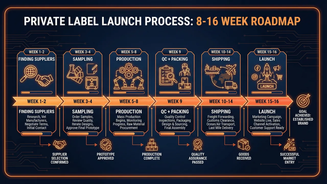 Private label product launch timeline from supplier contact to inventory