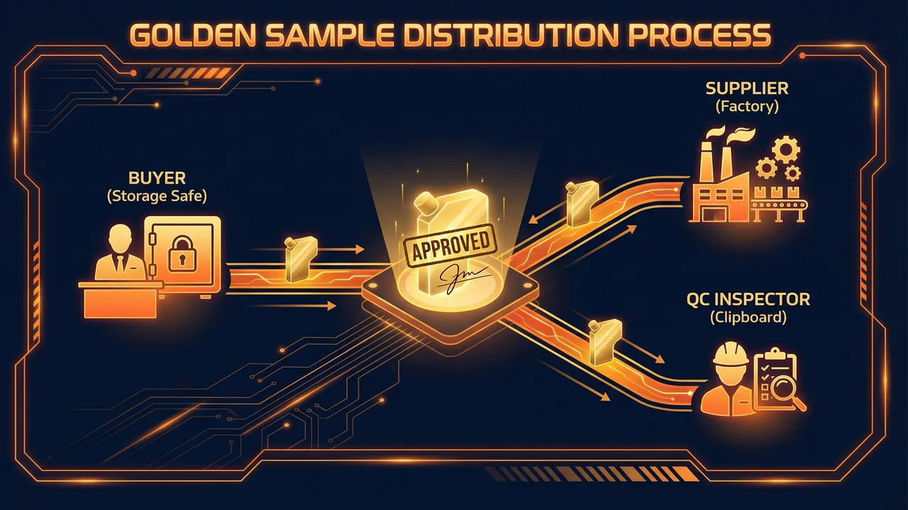 Golden sample distribution process: buyer, supplier, and QC inspector