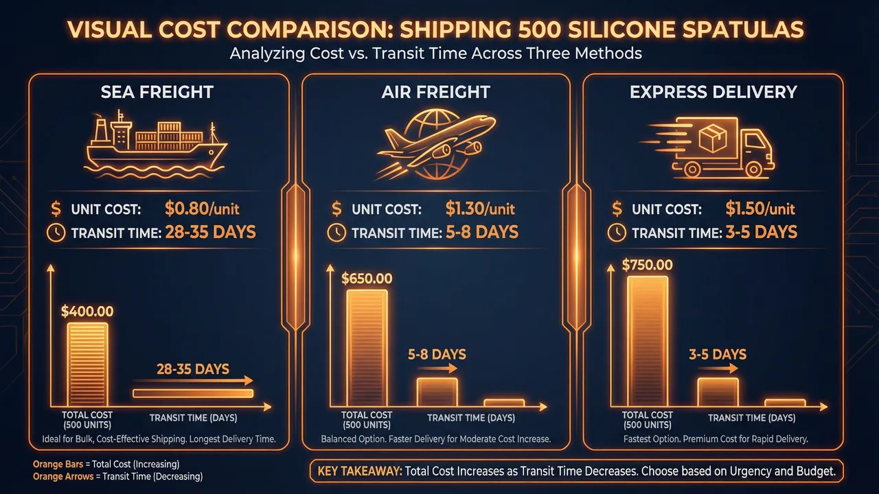 Shipping cost comparison for same product via sea, air, and express